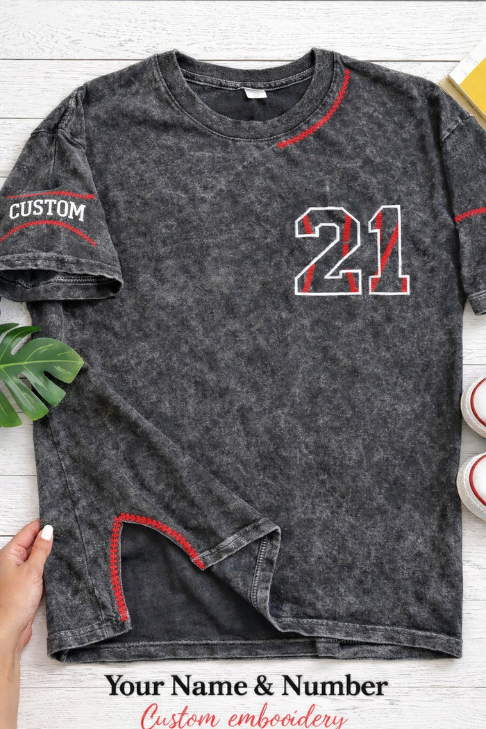 Custom Embroidered Name & Number T-Shirt | Personalized Varsity Tee | Boutique Embroidery Shirt