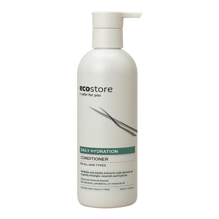 350ml ecostore daily hydration conditioner bottle on a white background. For all hair types.
