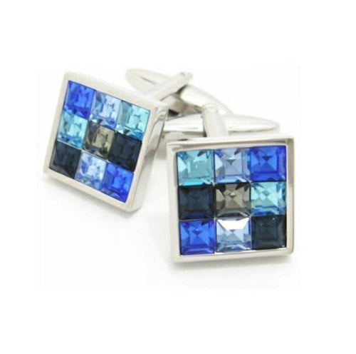 Rhodium-plated square cufflinks with blue Swarovski crystals, elegant design, luxury men's accessory.