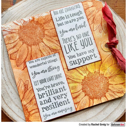 Darkroom Door - Rubber Stamp Set - Sunflowers. Darkroom Door Rubber Stamp Sets are mounted on cling foam and supplied in a DVD size storage case with a labelled spine for easy identification. Available at Embellish Away located in Bowmanville Ontario Canada. Example by Rachel Greig.