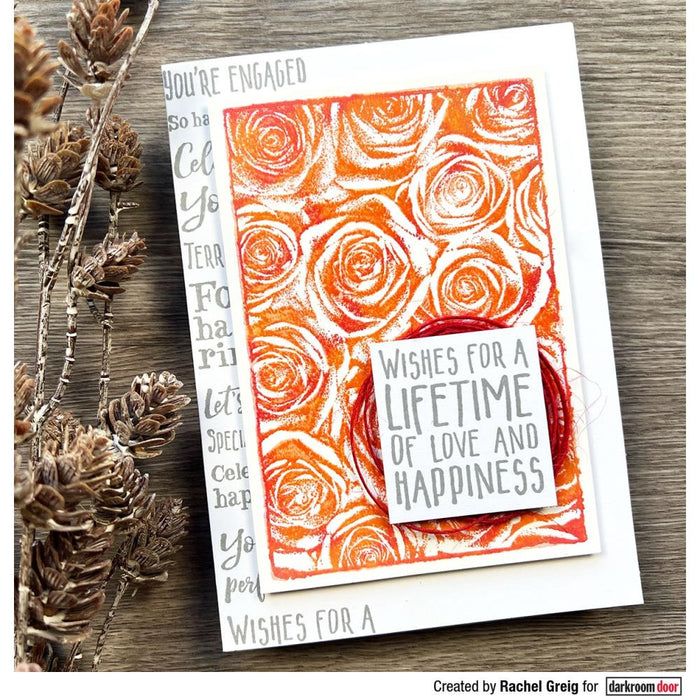 Darkroom Door - Sentiment Stamp - Engagement. Darkroom Door Sentiment Stamps are mounted on cling foam. Use as an entire strip of sentiments on your cards and projects, or trim each sentiment into individual stamps. Available at Embellish Away located in Bowmanville Ontario Canada. Card by Rachel Greig.