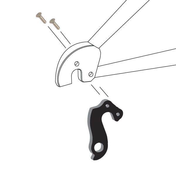 Hanger #148 attaches to the frame's rear dropout from the outside, or derailleur side using two M4x8 flat head screws.