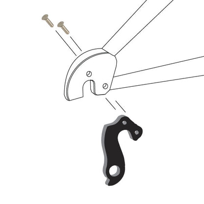 Hanger #148 attaches to the frame's rear dropout from the outside, or derailleur side using two M4x8 flat head screws.