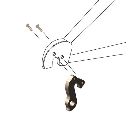 Hanger #243 attaches to the frame's rear dropout from the outside, or derailleur side using two M4x8 screws.