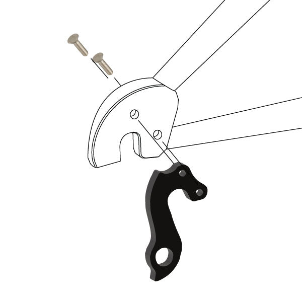 Hanger #96 attaches to the rear dropout from the outside or derailleur side using two M4x8 flat head screws.