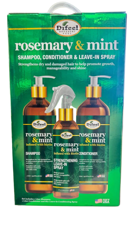 Difeel Rosemary & Mint Shampoo 1 Liter , Conditioner 1 Liter & Leave-In Spray 8 Oz Set