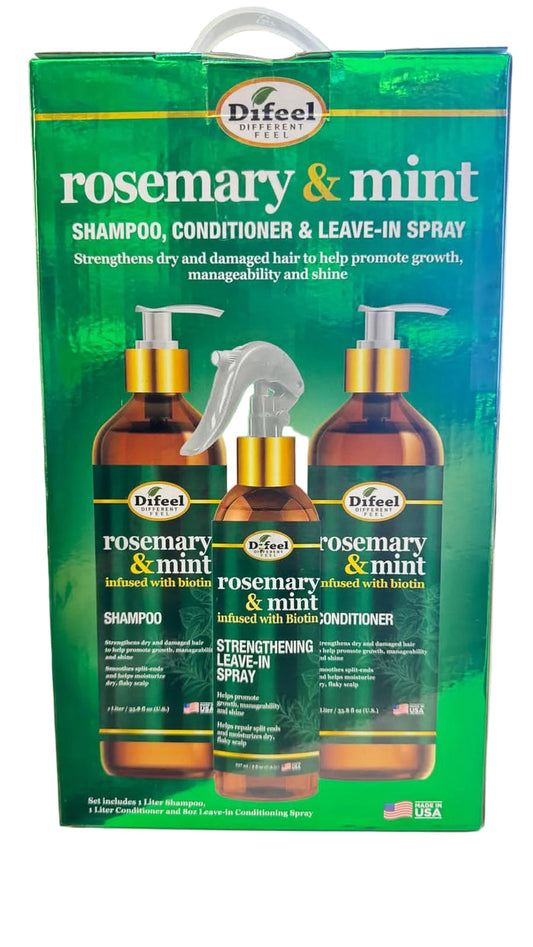 Difeel Rosemary & Mint Shampoo 1 Liter , Conditioner 1 Liter & Leave-In Spray 8 Oz Set