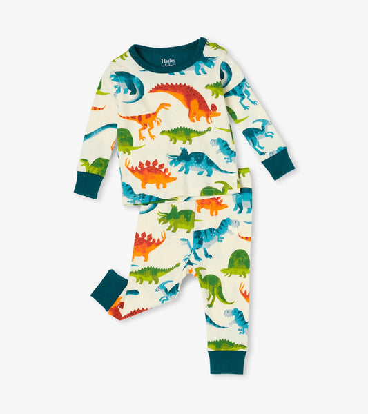 Hatley baby boy Dino Park organic cotton pajama set in Ivory/Teal with long sleeves and matching pants.