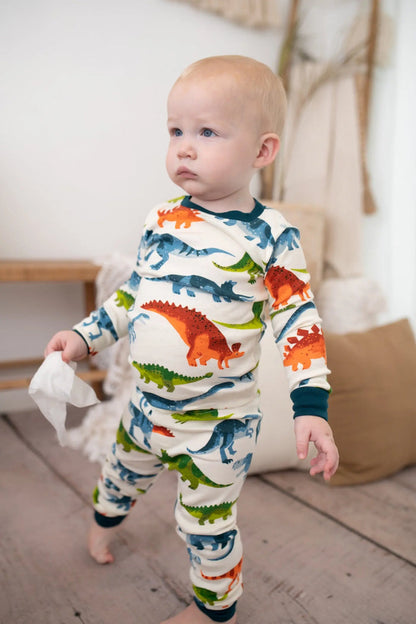 Baby wearing Hatley Dino Park organic cotton pajamas with colorful dinosaur print and snug-fitting comfort.