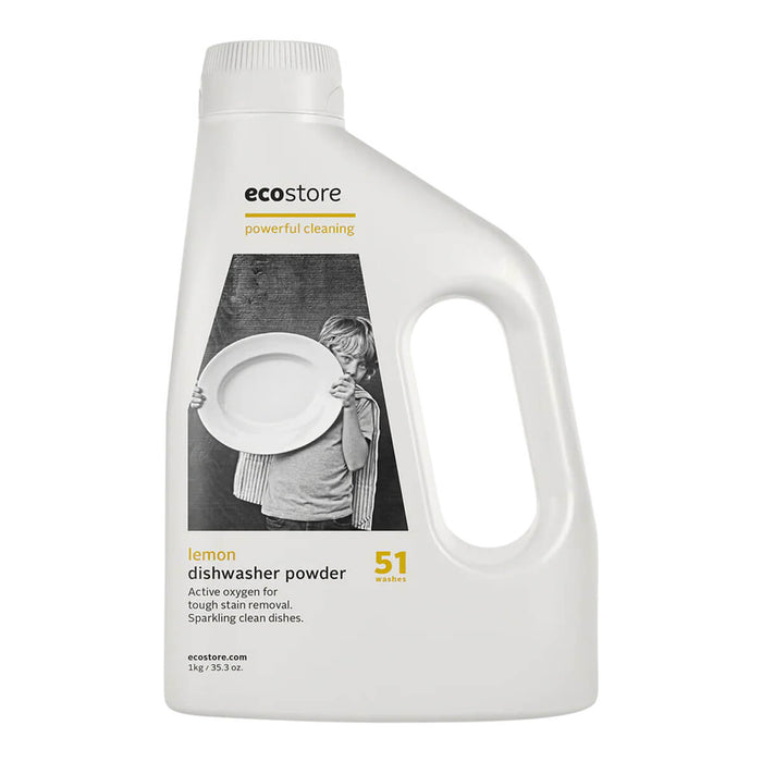 Bottle of ecostore Dishwasher Powder on a white background.