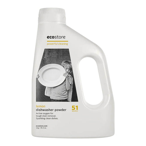 Bottle of ecostore Dishwasher Powder on a white background.