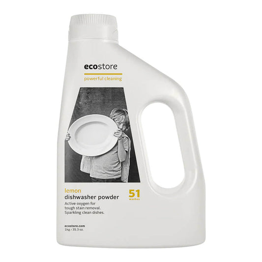 Bottle of ecostore Dishwasher Powder on a white background.