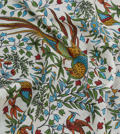 Ecru Birds of Paradise Print Wool-Silk Pocket Square
