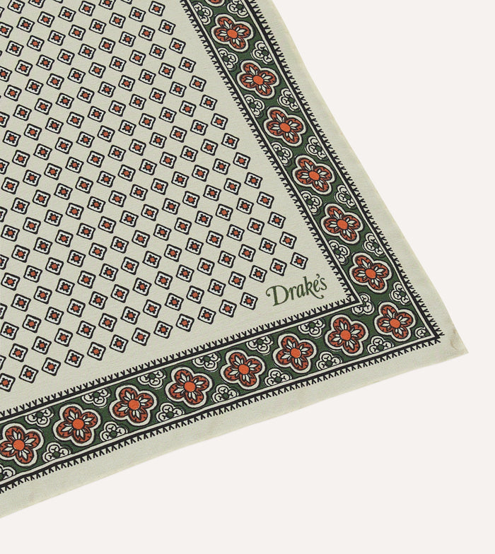 Ecru Vintage Tile Print Silk Pocket Square