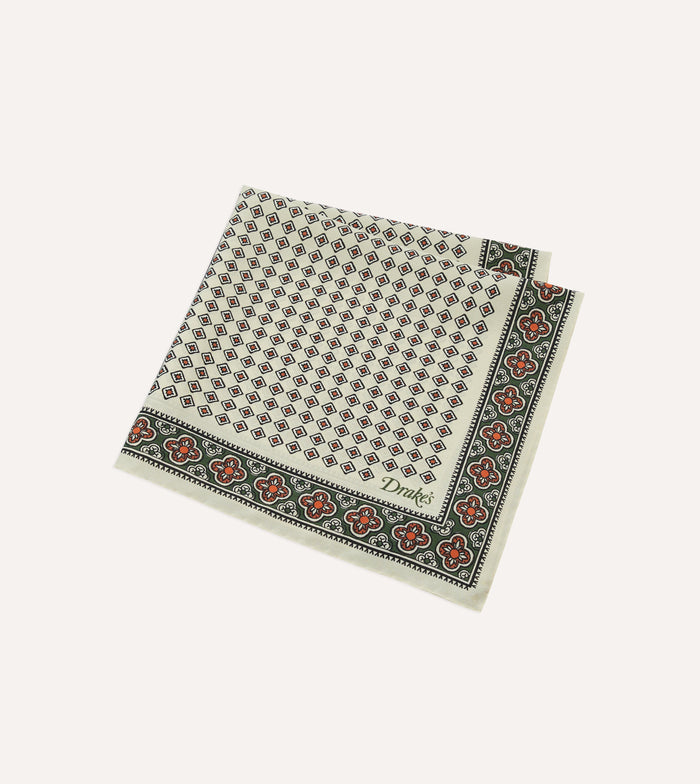 Ecru Vintage Tile Print Silk Pocket Square