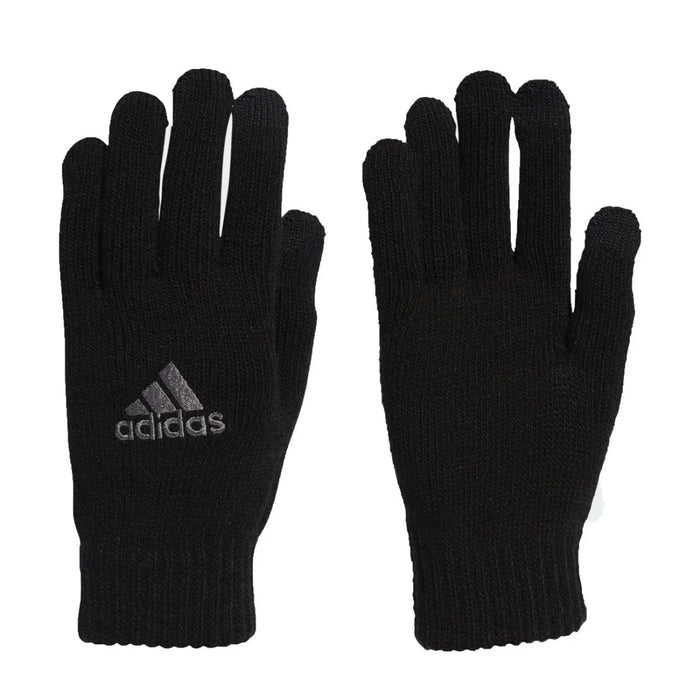 Black Adidas Essentials tech gloves, XS size, designed for warmth and touchscreen use, with a snug fit and branded logo.