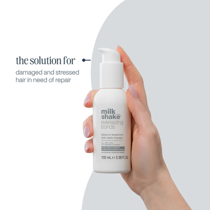 Hand holding a bottle of 'milk shake' hair treatment with text on a white background
