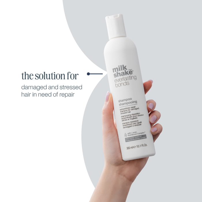 Hand holding a bottle of 'milk_shake' shampoo with text on a light gray background