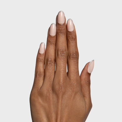 Exclamation Point Glitter French Press-Ons | Oval | Medium with nude base and silver glitter tips on medium oval press-on nails