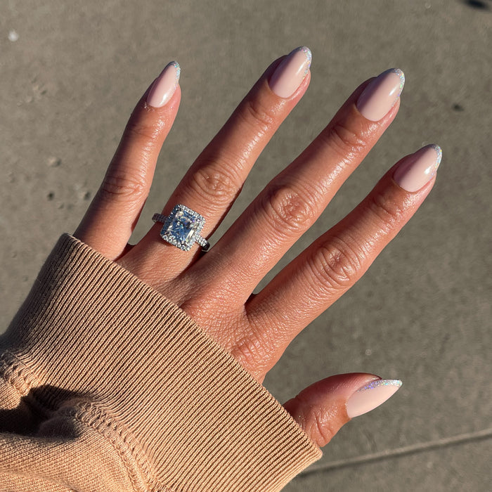 Exclamation Point Glitter French Press-Ons | Oval | Medium with nude base and silver glitter tips for quick at-home manicure
