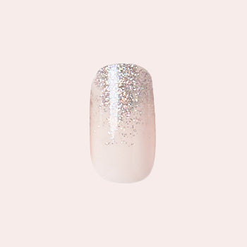 Exclamation Point Glitter Gradient Press-Ons | Squoval | Short with neutral Bunny Slope base and silver glitter fade on short false nails manicure