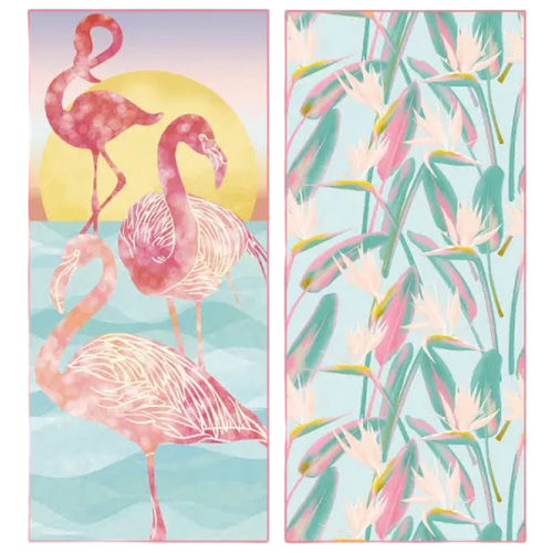 Two beach towels with flamingo and tropical leaf designs on a light blue background.