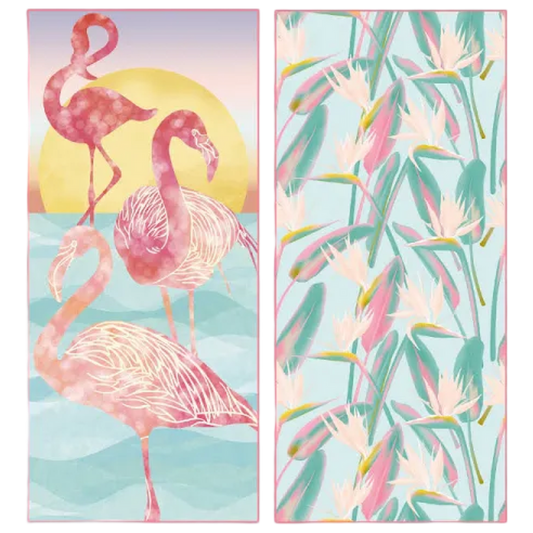 Two beach towels with flamingo and tropical leaf designs on a light blue background.