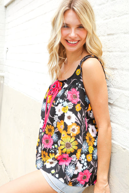 Flower Power Black Sleeveless Babydoll Bow Tie Top