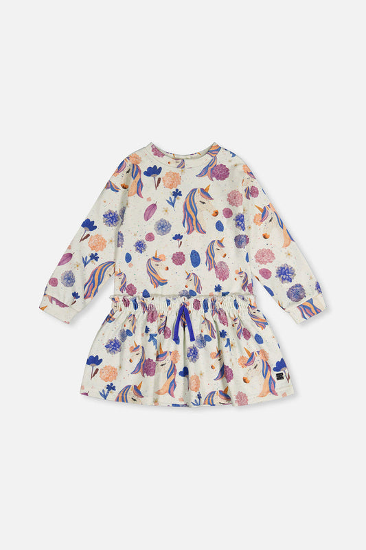 French Terry Dress Beige Unicorn Print-0