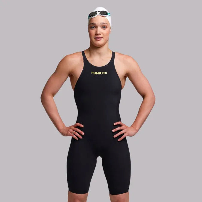 Funkita Ladies Black Attack Apex Viper Kneesuit in black, close-up view showing sleek fabric and design details for competitive swimming.