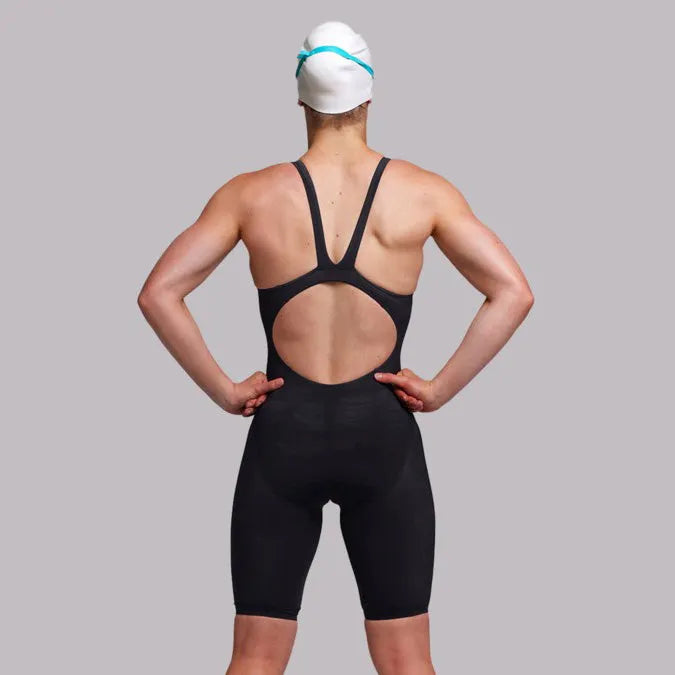 Funkita Ladies Black Attack Apex Viper kneesuit featuring black fabric and sleek design, designed for competitive swimming.