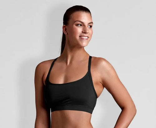 Funkita women's Still Black sports top, a sleek black bikini or tankini top designed for active swimming and beach wear.