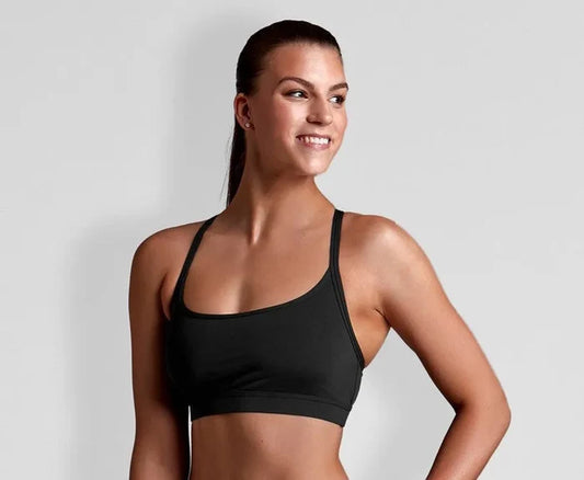 Funkita women's Still Black sports top, a sleek black bikini or tankini top designed for active swimming and beach wear.