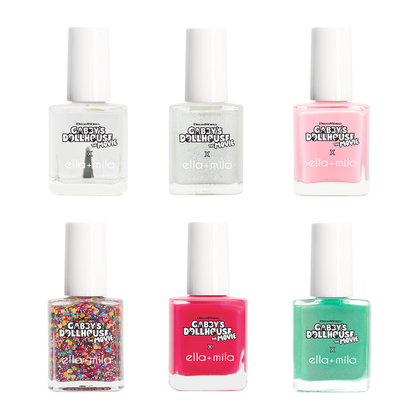 Gabby's Dollhouse World Collection 6 nail polish bottles: white, glitter, pinks, red and teal