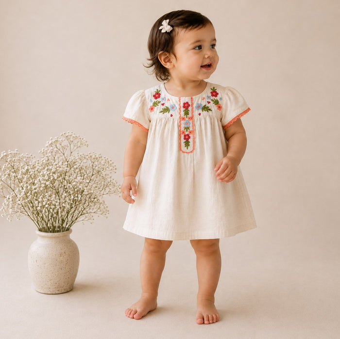 A toddler girl wearing a short-sleeve cream-colored dress with colorful floral embroidery on the chest and orange trim, standing barefoot next to a small vase of baby's breath against a warm beige background.