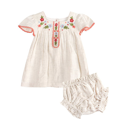 Gabi Embroidered Baby Dress + Bloomer (Linen Blend)