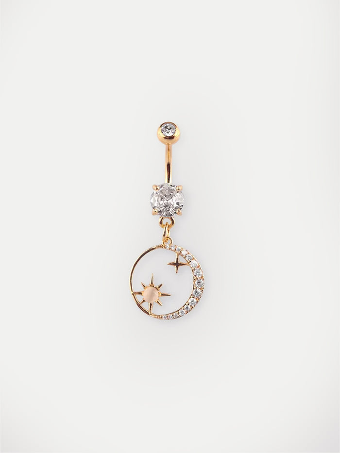 Gem Gold Moon Star Dangle Navel Barbell 14G | Clear-Image 1