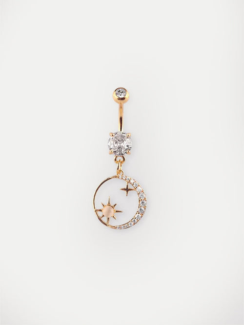 Gem Gold Moon Star Dangle Navel Barbell 14G | Clear-Image 1