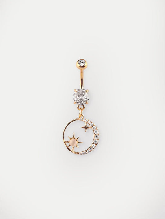 Gem Gold Moon Star Dangle Navel Barbell 14G | Clear-Image 1