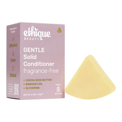 Ethique Gentle Solid Conditioner Fragrance-Free 60g box next to cream-coloured bar.