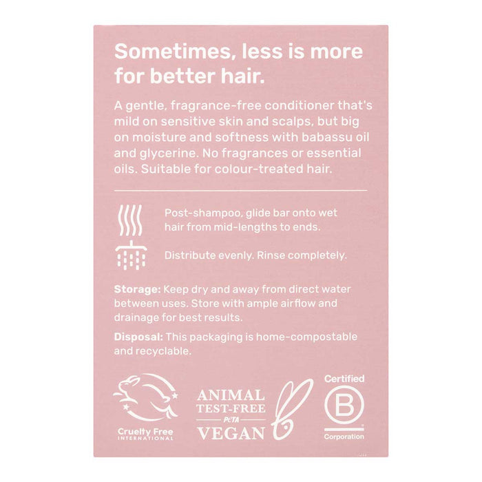 Back of Ethique Gentle Solid Conditioner Fragrance-Free 60g box, showing description and directions.