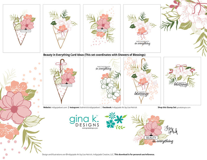 Gina K. Designs - Stamp & Die Set - Beauty In Everything. Beauty in Everything is a stamp and die set by Lisa Hetrick. This set is made of premium clear photopolymer and measures 6" X 8". Made in the USA. Available at Embellish Away located in Bowmanville Ontario Canada. Inspiration sheet by Lisa Hetrick