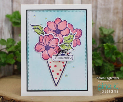 Gina K. Designs - Stamp & Die Set - Beauty In Everything. Beauty in Everything is a stamp and die set by Lisa Hetrick. This set is made of premium clear photopolymer and measures 6" X 8". Made in the USA. Available at Embellish Away located in Bowmanville Ontario Canada. Example by brand ambassador.