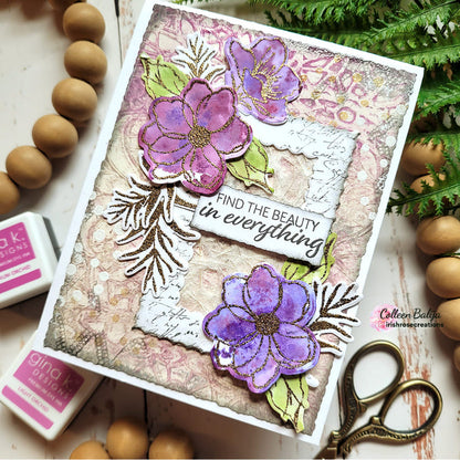 Gina K. Designs - Stamp & Die Set - Beauty In Everything. Beauty in Everything is a stamp and die set by Lisa Hetrick. This set is made of premium clear photopolymer and measures 6" X 8". Made in the USA. Available at Embellish Away located in Bowmanville Ontario Canada. Example by brand ambassador.