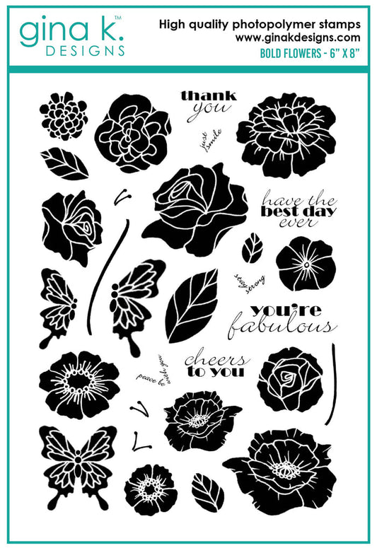 Gina K. Designs - Stamp & Die Set - Bold Flowers. Bold Flowers is the newest collection of big blooms from Melanie Muenchinger, perfect for all your inky techniques! Available at Embellish Away located in Bowmanville Ontario Canada.