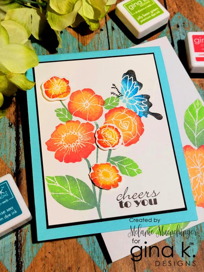 Gina K. Designs - Stamp & Die Set - Bold Flowers. Bold Flowers is the newest collection of big blooms from Melanie Muenchinger, perfect for all your inky techniques! Available at Embellish Away located in Bowmanville Ontario Canada. Example by brand ambassador.