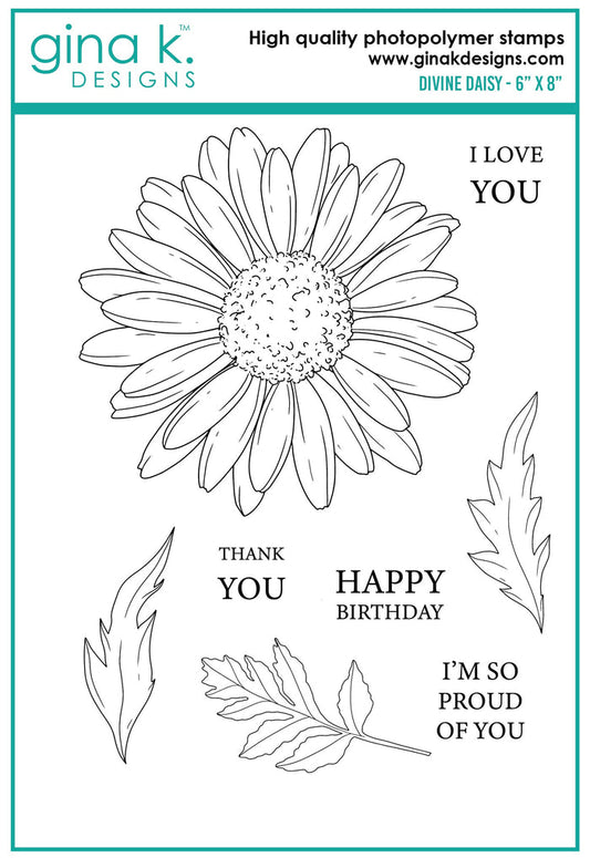 Gina K. Designs - Stamp & Die Set - Divine Daisy. Divine Daisy is a stamp set by Hannah Drapinski. This set is made of premium clear photopolymer and measures 6" X 8". Made in the USA. Available at Embellish Away located in Bowmanville Ontario Canada.