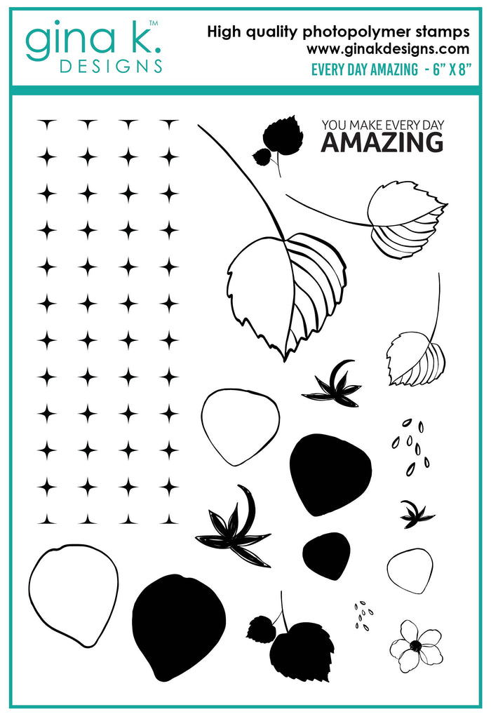 Gina K. Designs - Stamp & Die Set - Every Day Amazing. Every Day Amazing is a stamp set by Lisa Hetrick. This set is made of premium clear photopolymer and measures 6" X 8". Made in the USA. Available at Embellish Away located in Bowmanville Ontario Canada.