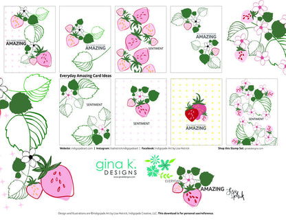 Gina K. Designs - Stamp & Die Set - Every Day Amazing. Every Day Amazing is a stamp set by Lisa Hetrick. This set is made of premium clear photopolymer and measures 6" X 8". Made in the USA. Available at Embellish Away located in Bowmanville Ontario Canada. Inspiration board by Lisa Hetrick.