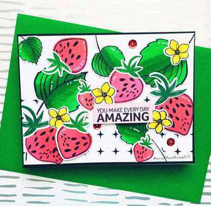 Gina K. Designs - Stamp & Die Set - Every Day Amazing. Every Day Amazing is a stamp set by Lisa Hetrick. This set is made of premium clear photopolymer and measures 6" X 8". Made in the USA. Available at Embellish Away located in Bowmanville Ontario Canada. Example by brand ambassador.